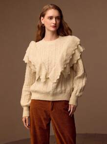 MOTF PREMIUM SOLID LAYERED RUFFLE TRIM CABLE KNIT SWEATER - Apricot - View 5