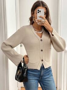 SHEIN Frenchy Women Casual Plain Color Double-Pocket Front Button Cardigan, Suitable For Autumn & Winter