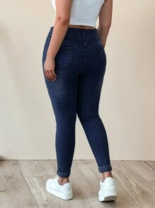 SHEIN Cottnline WOMEN PLUS SIZE SKINNY HIGH WAIST JEANS - Dark Wash - View 2
