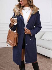 SHEIN LUNE Nouveau manteau rembourré mi-long épaissi avec capuche, col moelleux, cordon de serrage à la taille, doublure chaude, vêtements d'hiver pour femmes 2024