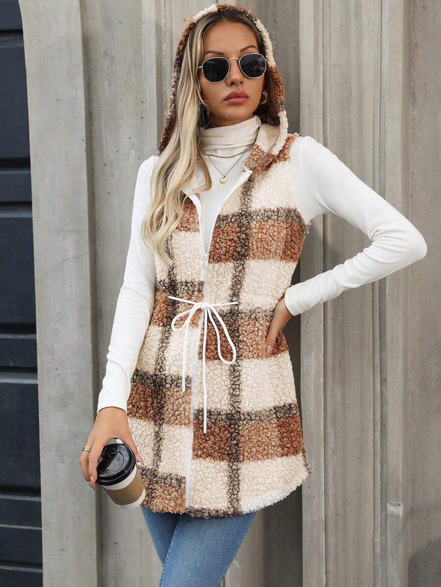 Chiquease Veste sans manche ?� capuche en peluche ?� carreaux pour femme, automne et hiver | Mode 