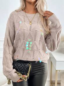 SHEIN LUNE Women Solid Color Sequins Detail Elegant Knitted Sweater, Suitable For Autumn/Winter Fall - Grey - View 3