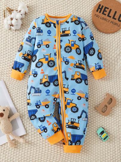 Baby Boy Cute Cartoon Car Print Long Sleeve Jumpsuit, Comfortable For Autumn/Winter