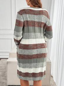EMERY ROSE Plus Size Women Striped V-Neck Long Sleeve Dual Pocket Casual Sweater Dress, Autumn/Winter - Multicolor - View 2
