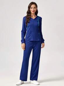 TaskEZ Solid Color Hooded Top And Pants Scrub Uniform Set