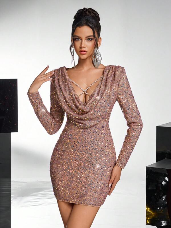 SHEIN Belle Elegant And Gorgeous Champagne Color Luxury Sequined Wide-Shouldered Deep V-Neck Detachable Pearl Chain In The Front And Middle High-Waisted Slimming Suit For Date Bachelor Party Wedding Event Cocktail Dress, Long Sleeve Semi Formal Dress, For Birthday, Wedding Guest, Graduation, Dinner