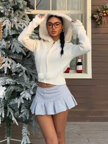 SHEIN EZwear 1pc Women Apricot Fluffy Collar Zip-Up Knitted Cardigan, Autumn/Winter New