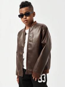 SHEIN Teenager Jungen Vintage Jacke im Used-Look aus Kunstleder, lässiger, cooler Stil