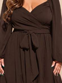 SHEIN BAE Plus Size Women's Simple Black Solid Vacation Daily Date Night Sexy Sweetheart Neck Bow Tie Wrap Slit Lantern Sleeve Sheer Thin Dress - Coffee Brown - View 8
