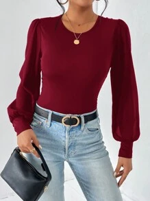 SHEIN Essnce 1 件女式纯色圆领灯笼袖休闲时尚紧身衣 - 酒紅色 - 查看 7
