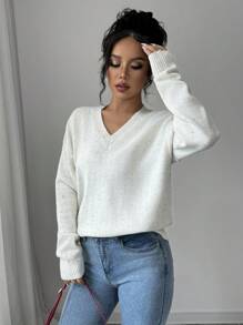 Chiquease Suéter holgado de cuello en V casual para mujer, adecuado para otoño/invierno