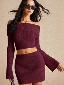 Poéselle Ensemble casual de 2 pièces pour femmes, top épaules dénudées et jupe de couleur unie, tenue d'automne