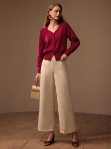 MOTF PREMIUM 羊毛插肩袖纽扣开衫 - 酒紅色 - 查看 4