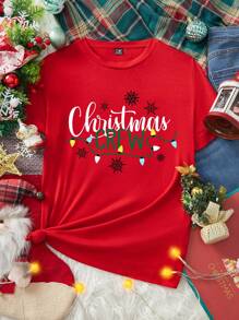 SHEIN Essnce Christmas Crew Lights Shirt, Christmas Crew Sweatshirt, Merry Christmas Lights Shirt, Xmas Shirt, Christmas Gift, Christmas Holiday Gift,Casual Simple Christmas Loose Fit Crew Neck Short Sleeve T-Shirt For Women, Suitable For Summer