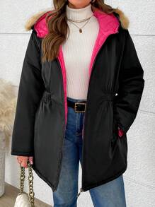 SHEIN LUNE Plus Size Fluffy Patchwork Hooded Long Sleeve Padded Padded Coat, Winter Clothes Fall Cloth For Women - Black - View 4