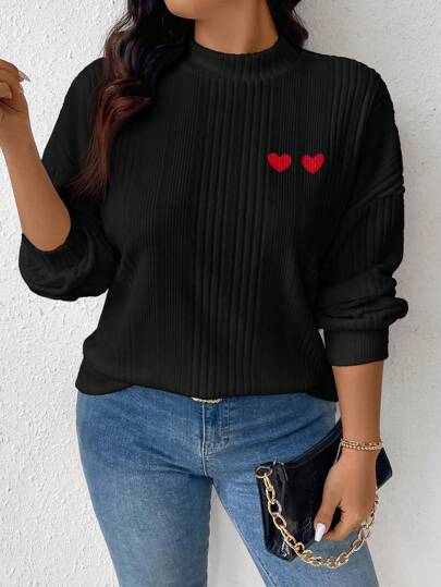 SHEIN Frenchy Plus Size Casual Heart Print Asymmetrical Ribbed Turtleneck Loose T-Shirt