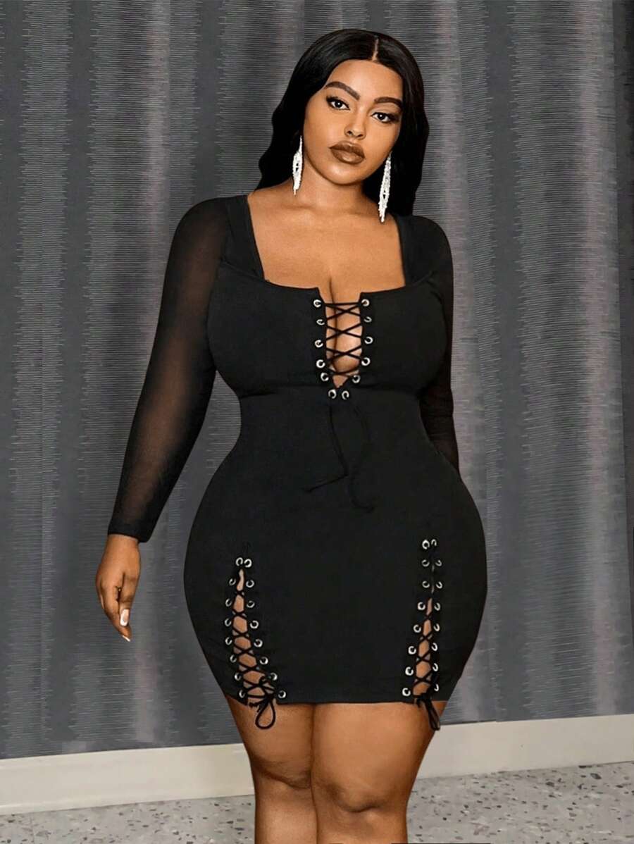 Slaydiva فستان ضيق ذو أكمام طويلة من الشمواه مزين بالحبك، للمقاسات الكبيرة بأربطة رفيعة وطراز الشارع
