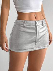 SHEIN Unity 女士时尚紧身低腰修身迷你裙，夏季 - 銀色 - 查看 3