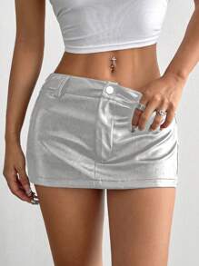 SHEIN Unity 女士时尚紧身低腰修身迷你裙，夏季 - 銀色 - 查看 5