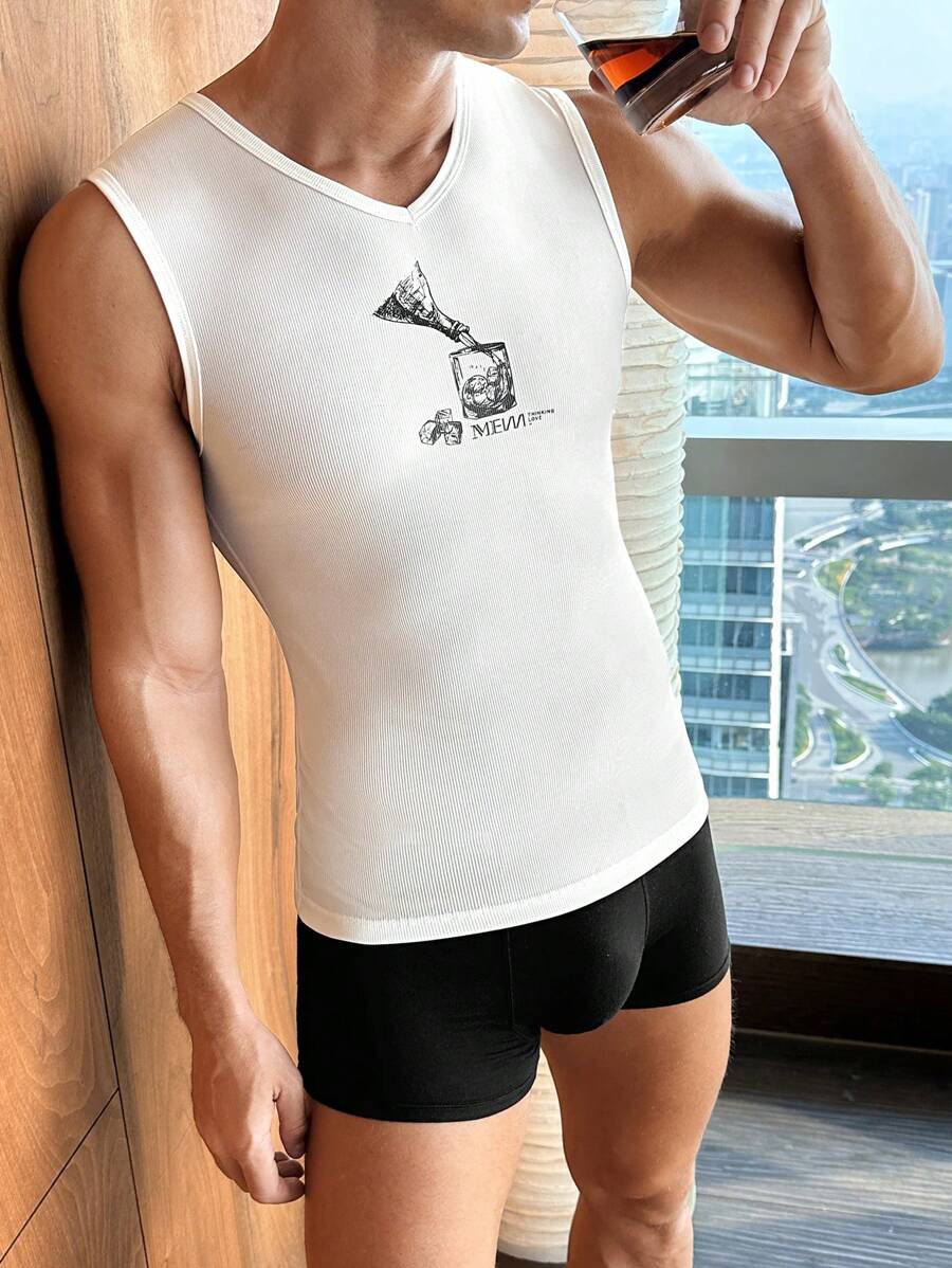 Men's V-Neck Letter & Graphic Print Tight Sleeveless Base Layer Top - White - View 1