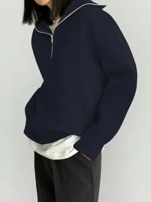 DAZY Casual Solid Color Front Zipper Sweater, Autumn/Winter,Long Sleeve Tops,Fall Women Clothes - Navy Blue - View 6