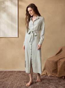 Ocili Leisure Comfortable Linen-Like Material Breathable Stand Collar Tie Waist Long Sleeve Front Button Up Robe - Grey - View 7