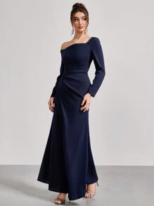 Coutiva 1 pieza Vestido largo de fiesta con mangas largas, cuello asimétrico y fruncido, Vestido elegante para banquete, fiesta de Año Nuevo, evento social, invitado de boda, vestido formal, vestido de noche