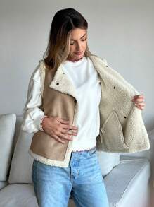 SHEIN Essnce Áo khoác vest Teddy màu nâu chần bông cho nữ có túi và nút, dày, mùa thu/đông - màu nâu - Xem 4