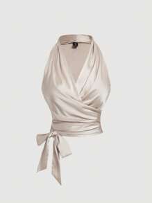 SHEIN MOD Áo ba lỗ thắt nút chéo lưng màu mơ cổ điển cỡ lớn dành cho nữ - Màu be - Xem 1