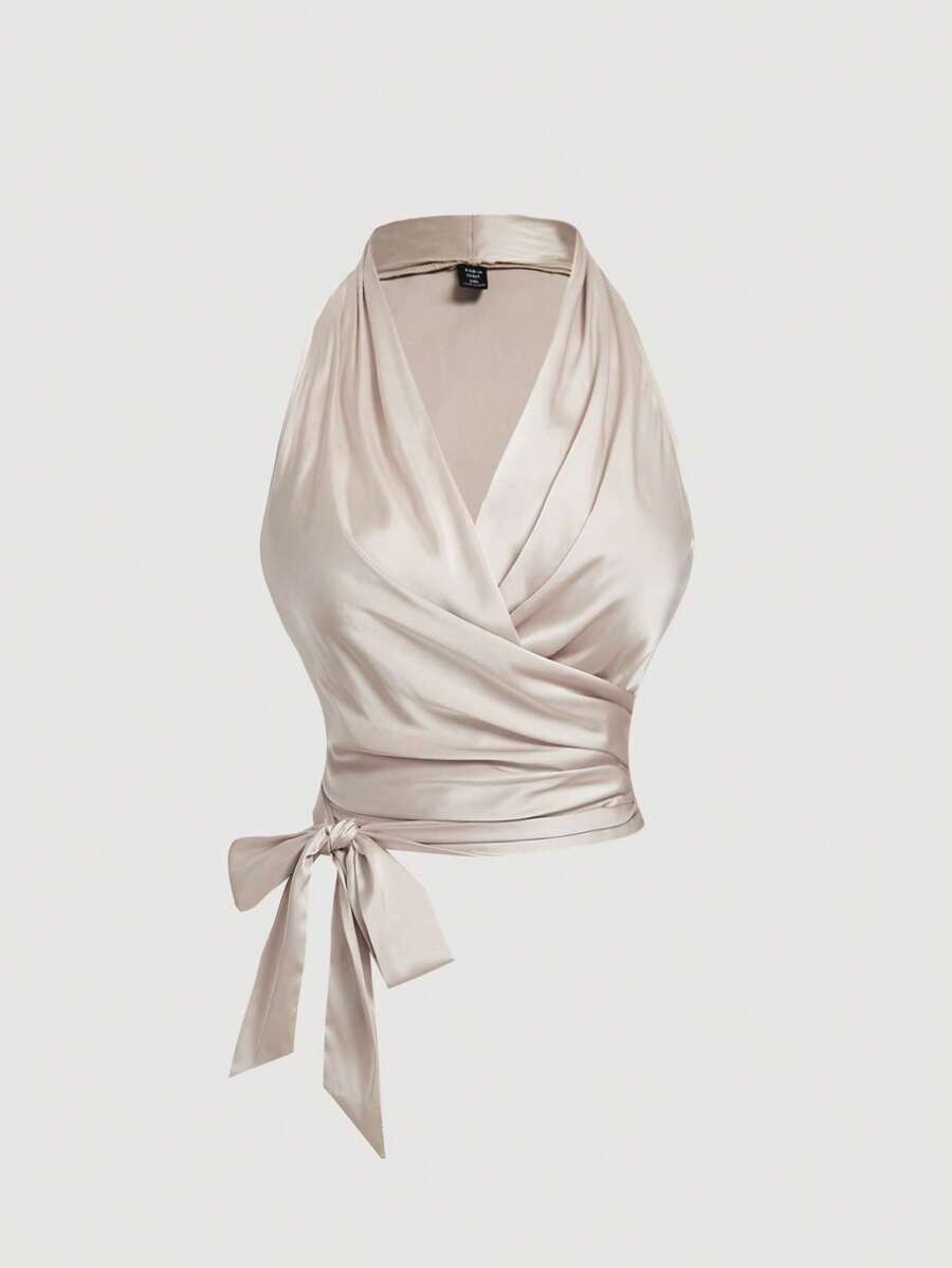 SHEIN MOD Áo ba lỗ thắt nút chéo lưng màu mơ cổ điển cỡ lớn dành cho nữ - Màu be - Xem 1