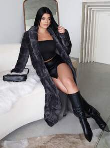 SHEIN SXY 女士蓬松内衬冬季外套，温暖毛绒灰色夹克 - 深灰色 - 查看 5