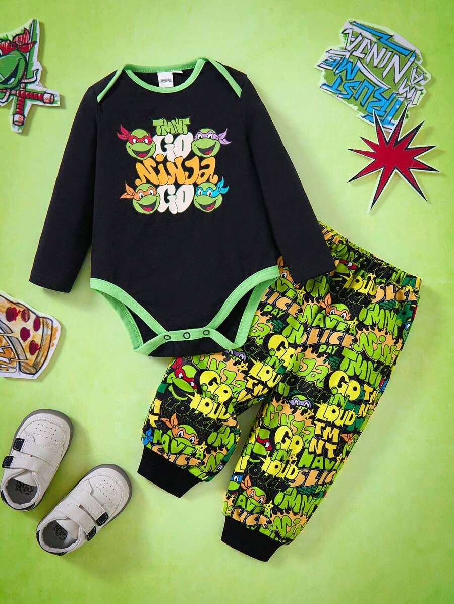 TEENAGE MUTANT NINJA TURTLES | SHEIN 2pcs Baby Boy Turtle Letter Graphic Colorblock Long Sleeve Bodysuit And Letter Print Pants Set - Black - View 1