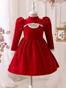 SHEIN Mommy And Me Young Girl's And Young Girl's Red Velvet Hollow Pearl Button Dress Set, Suitable For Christmas  Party Wear - Red - View 1