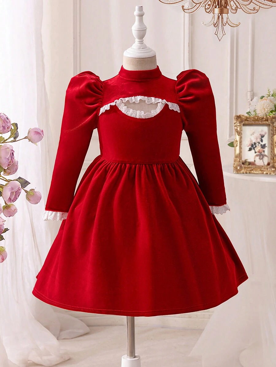 SHEIN Mommy And Me Young Girl's And Young Girl's Red Velvet Hollow Pearl Button Dress Set, Suitable For Christmas  Party Wear - Red - View 1