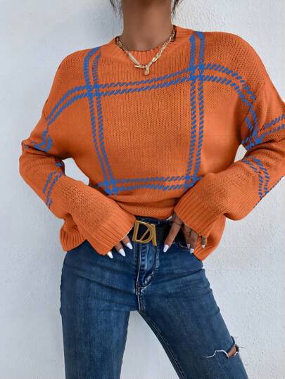 EMERY ROSE Women's Crew Neck Long Sleeve Plaid Knit Pullover Sweater, Casual Everyday,Long Sleeve Tops Knit Pullover Fall Winter Outfit