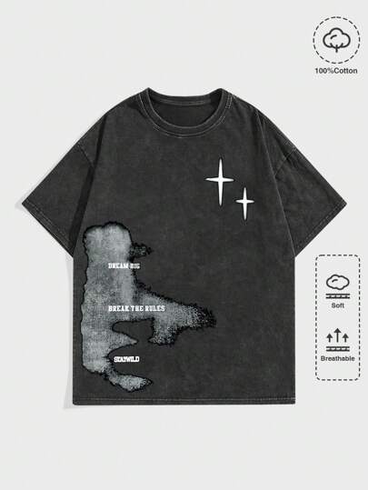 ROMWE MEN Street Life Men's High Street Vintage Acid Washed Round Neck T-Shirt With Distressed Snowflakes Print, Suitable For Casual Wear In Spring And Summer, School