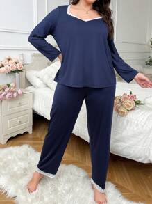 Plus Size Loose Lace Trim Pajama Set