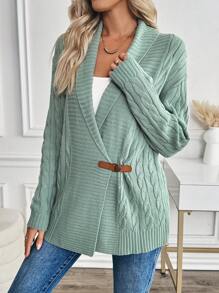 SHEIN LUNE Women Casual Solid Color Lapel Button Up Cardigan, For Autumn/Winter - Mint Green - View 3