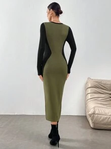 Mulvari 1 pieza Vestido de punto ajustado con bloque de color y empalmes para mujer, estilo urbano para el otoño/invierno
