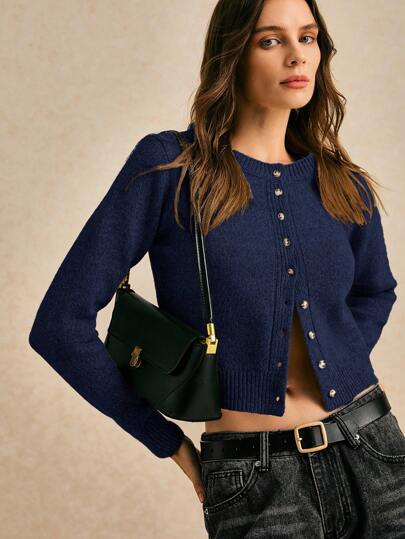 Poéselle Cárdigan corto de punto grueso de lana con cuello redondo y manga larga, abotonado, informal, para mujer en otoño e invierno. Jerseys cortos, lindos, ropa de mujer de otoño, blusas para salir, casual de negocios, suéteres de otoño, atuendo de oficina, suéteres básicos