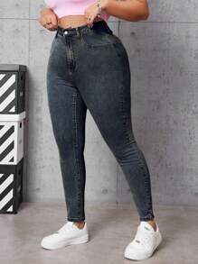 SHEIN EZwear 大码破洞复古修身牛仔裤 - 藍色 - 查看 1