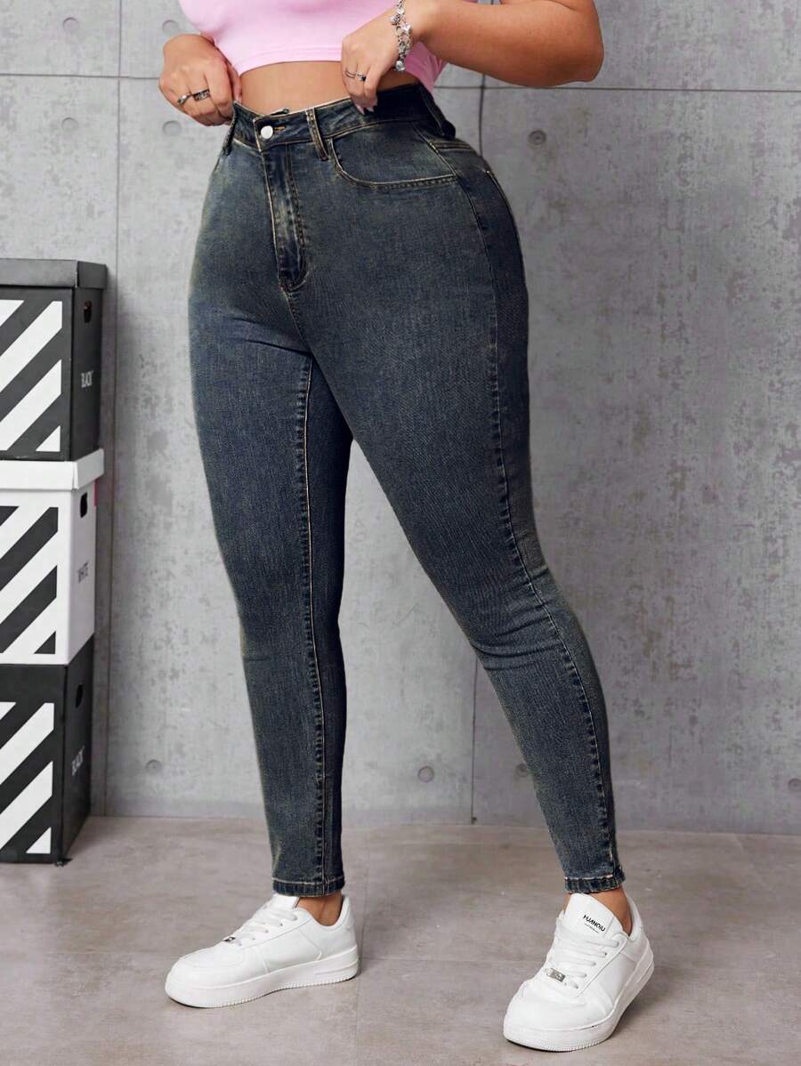 SHEIN EZwear 大码破洞复古修身牛仔裤 - 藍色 - 查看 1