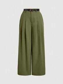 SHEIN MOD Quần ống rộng cổ điển màu trơn cỡ lớn dành cho nữ có thắt lưng vào mùa thu/đông - xanh quân đội - Xem 1