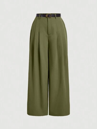 SHEIN MOD Enfärgade Plus Size Dam Vintage Vida Byxor Med Bälte Höst/Vinter