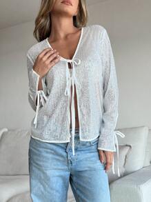 SHEIN Essnce Women's Sequin Bowknot Long Sleeve Blouse, Long Sleeve Shirt, Thanksgiving,Christmas, White,Silver-White Color, Christmas Party Top - Silver - View 5