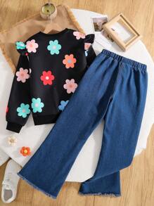 2pcs/Set Tween Girl Digital Floral Print Sweatshirt & Embroidered Detachable Flower Denim Jeans - Black - View 2