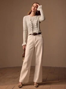 MOTF PREMIUM CONTRAST BINDING RUFFLE TRIM CABLE KNIT SWEATER