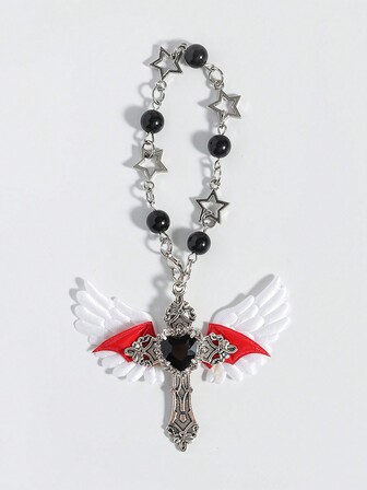 Goth 1 pezzo Charm per borsa stile gotico a forma di catena con croce, 1 pezzo Charm per borsa a forma di ali d''angelo nere con cuore in zirconia