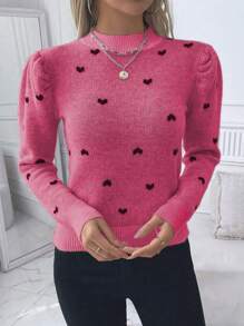 SHEIN Clasi Pull ajusté à manches bouffantes avec motif jacquard en forme de cœur, pour l'automne/hiver, style décontracté