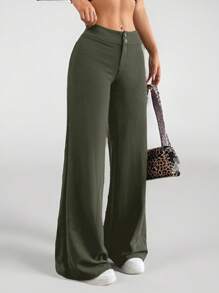 SHEIN PETITE Quần ống đứng loe cạp cao màu trơn - Màu xanh Ô liu - Xem 1
